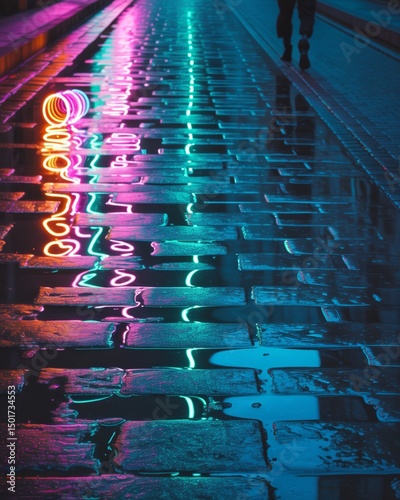 Neon Reflection on Wet Street at Night , Neon Reflection Street Scene with Rain and Lights , Futuristic Urban Neon Reflection on Wet Pavement

