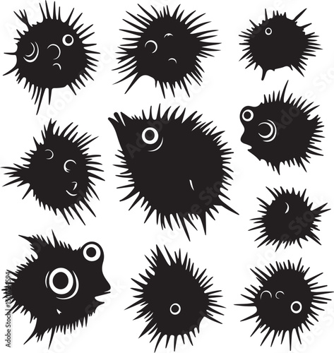 Cartoon Silhouette of Spiky Microbes: Black and White Vector Illustration of Funny Germs, Bacteria, or Viruses with Googly Eyes