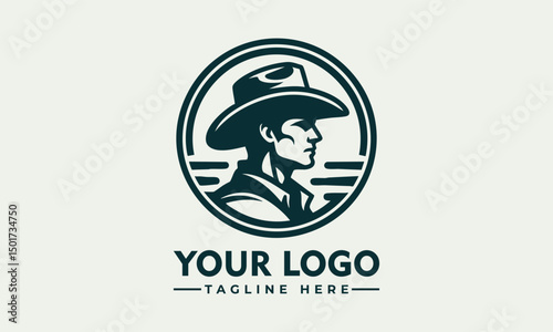 Western cowboy man wearing wide-brimmed hat and vest inside circular emblem with confident posture. People concept
