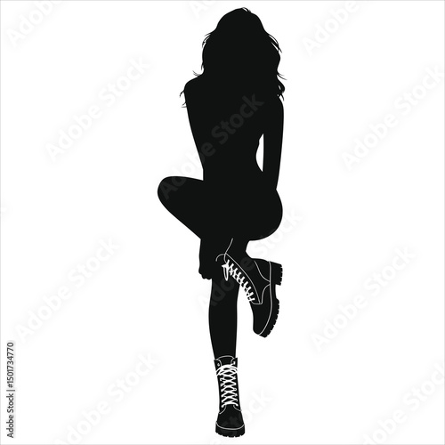 (Combat boots lace-up boots)Vector Silhouette of a Woman Sitting in Fashionable Boots/A sophisticated silhouette of a woman seated, highlighting fashion-forward combat boots.