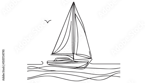Continuous one single minimal line drawing sailboat