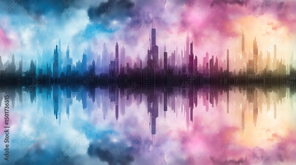 Fototapeta premium Futuristic city reflected in a vibrant water