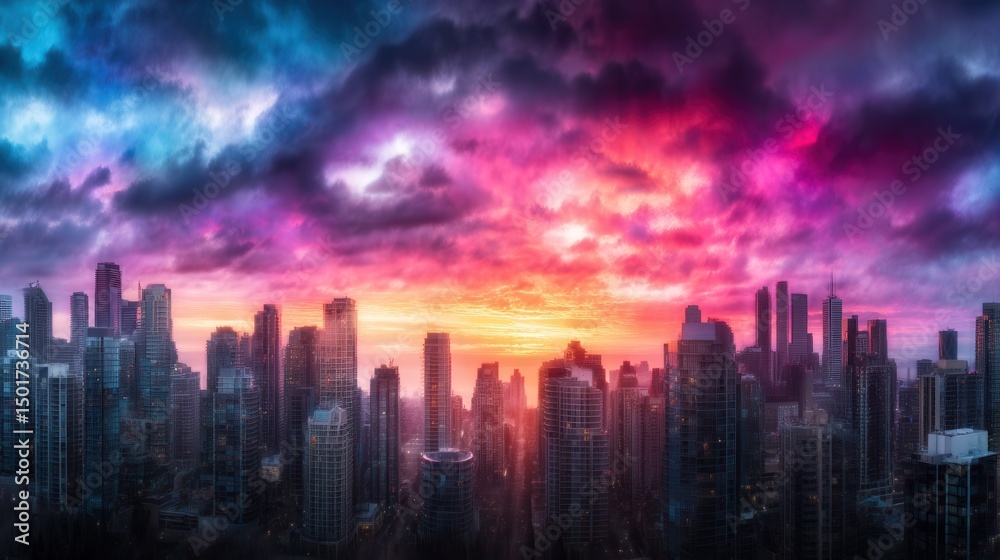 Obraz premium Futuristic city skyline at vibrant sunset