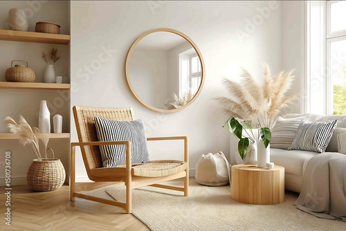 Design of a small round mirror in the shape and size to fit on a wall in an Scandinavian interior designers living room with a wicker armchair wooden table a