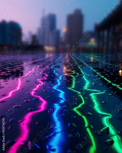 Neon Light Reflection on Wet Surface at Night , Neon Light Reflection in Rainy Urban Scene , Colorful Neon Light Reflection for Futuristic Street Photography

