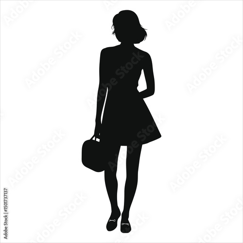 (Loafers ballet flats)Vector Silhouette of a Woman Carrying a Bag/A simple, elegant silhouette of a young woman in a short dress, holding a bag.