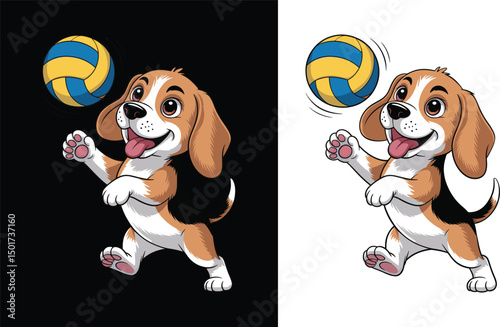 Playful Beagle Dog in Blue and Yellow Volleyball