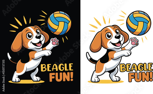Playful Beagle Dog in Blue and Yellow Volleyball
