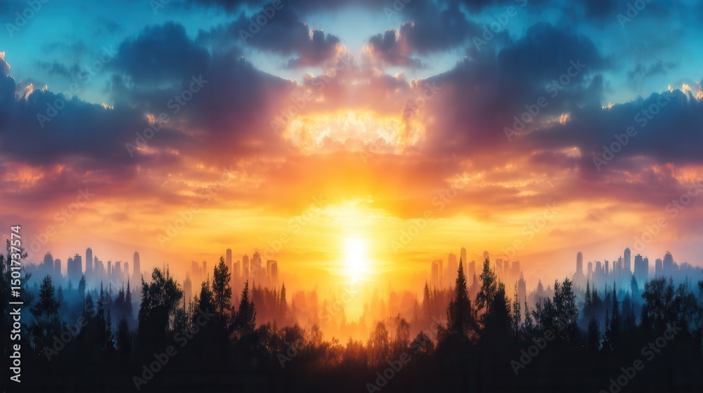 Fototapeta premium Sunrise over a city, framed by forest. Vibrant sunrise, city skyline, and forest silhouette