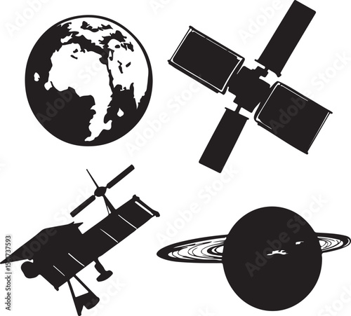 Black and White Vector Illustration of Earth, Satellite, Spacecraft, and Saturn: Space Exploration and Technology Clipart Graphics