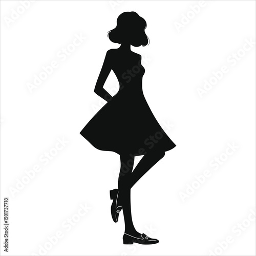 (Loafers ballet flats)Vector Silhouette of a Woman in a Dress and Loafers/A bold, minimalist silhouette of a woman wearing a fitted, A-line dress and loafers.