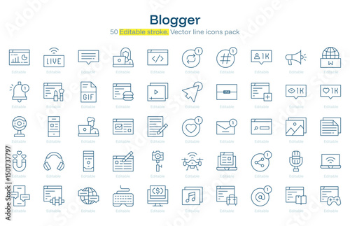 Blogger line icon pack. Blogger Stroke icon set. Editable Stroke icon