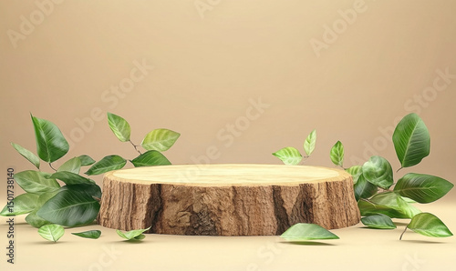 Natural product display stand made of wood with botanical elements backdrop