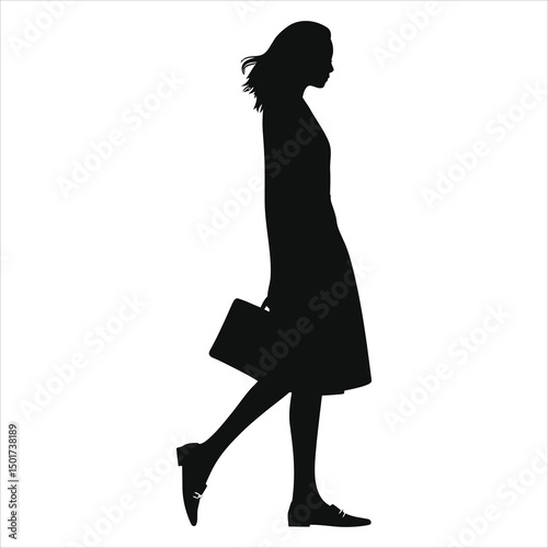 (Loafers ballet flats)Professional Woman Walking with Briefcase - Vector Silhouette/A stylish silhouette of a woman walking, carrying a briefcase.