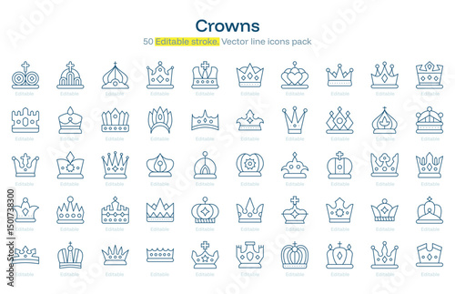Crowns line icon pack. Crowns Stroke icon set. Editable Stroke icon