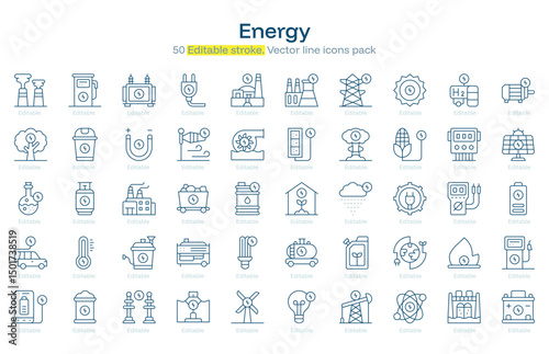 Energy line icon pack. Energy Stroke icon set. Editable Stroke icon
