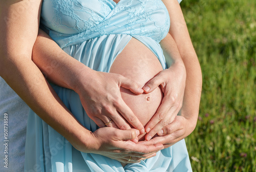Wallpaper Mural pregnant woman touching her belly with her hands while her partner's arms are around her Torontodigital.ca