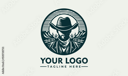Stylized cowboy figure wearing hat and vest inside circular badge with confident western character pose. People concept
