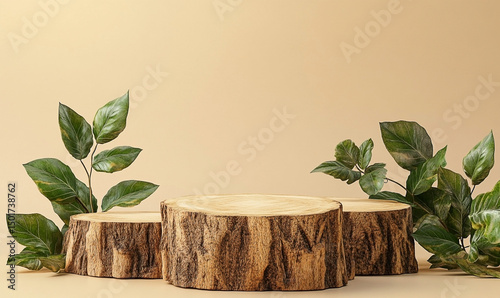 Wooden podiums with green leaves against a neutral background for product display