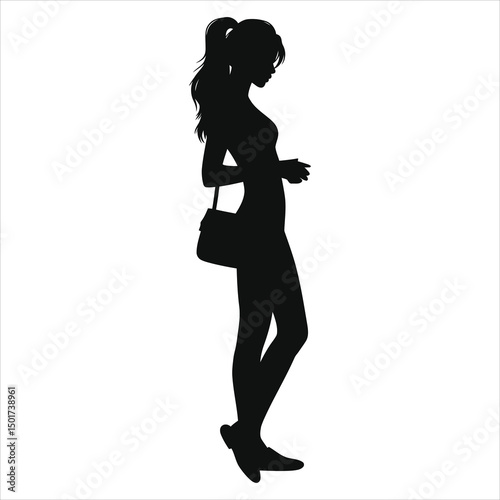 Vector Silhouette of a Woman ( Mules slip-ons) with a Bag Against a white Background/A sleek silhouette of a young woman walking, featuring a ponytail and a shoulder bag on a white Bg..