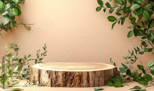 Wood slice podium encircled by verdant leaves against a neutral backdrop studio