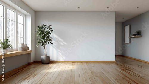minimalist home office wide angle view large white wall in background with empty center space light wood floor small plant in corner soft natural light clean