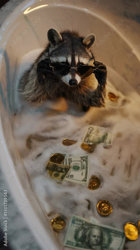 Raton laveur dans une baignoire de luxe avec billets et pièces d’or

