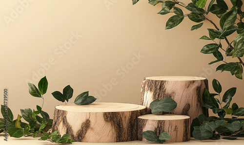 Elevated presentation: natural wood pedestals enhanced with verdant foliage arrangement
