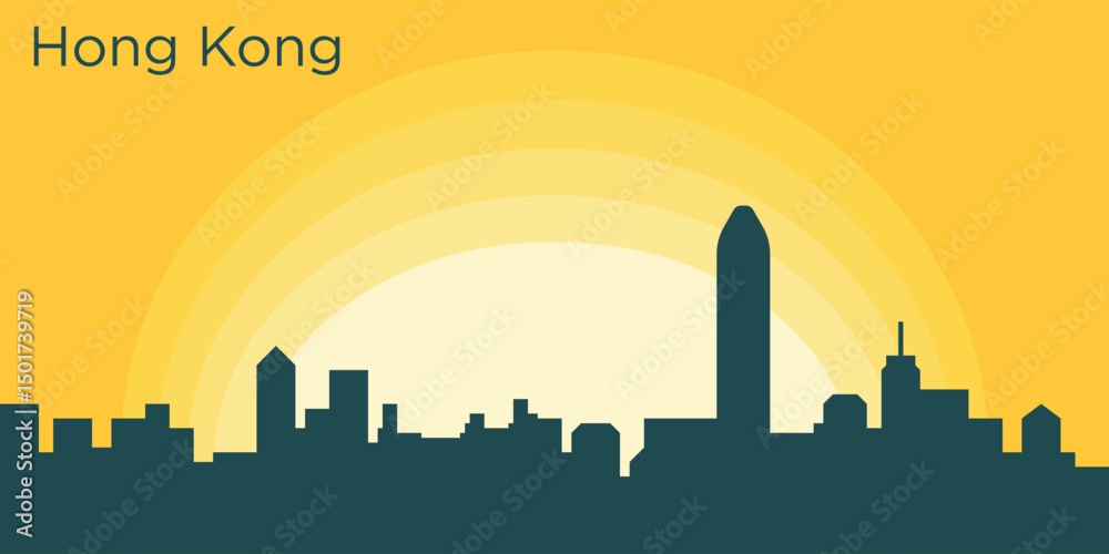 silhouette of the Hong Kong skyline against the backdrop of the Big Yellow Sunset. The setting sun creates a gradient from bright yellow to orange. silhouette of the Hong Kong skyline against the backdrop of the Big Yellow Sunset. The setting sun creates a gradient from bright yellow to orange.