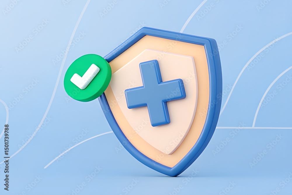 Fototapeta premium Explore the Modern 3D Medical Shield Icon with Checkmark for Healthcare Protection and Trustworthy Design Ideas