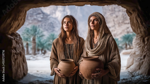 Two biblical women standing together holding a staff, resembling Elizabeth and Mary from the Bible’s sacred stories