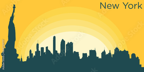 silhouette of the New York skyline against the backdrop of the Big Yellow Sunset. The setting sun creates a gradient from bright yellow to orange.