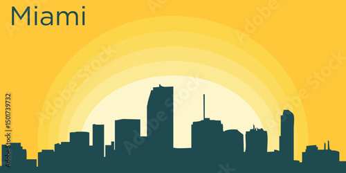 silhouette of the Miami, Florida skyline against the backdrop of the Big Yellow Sunset. The setting sun creates a gradient from bright yellow to orange.