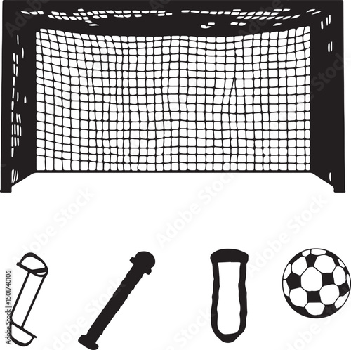 Black and White Vector Illustration of a Soccer Goal with Net, Shin Guards, Whistle, and Soccer Ball - Sports Equipment Clipart
