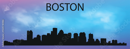  a silhouette of the Boston, Massachusetts skyline with a characteristic panorama of skyscrapers against a blue sky with clouds.