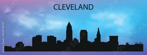  a silhouette of the Cleveland, Ohio skyline with a characteristic panorama of skyscrapers against a blue sky with clouds.