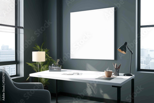 An office scene with a white canvas on the wall viewed at an angle The room contains a white desk a chair a window a lamp a plant and a coffee cup with stati