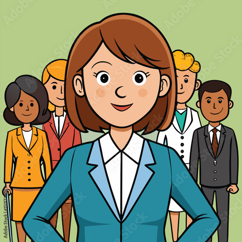 Cartoon business team with female leader in front diverse professionals illustration