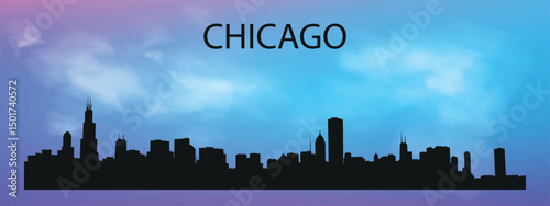 a silhouette of the Chicago, Illinois skyline with a characteristic panorama of skyscrapers against a blue sky with clouds.