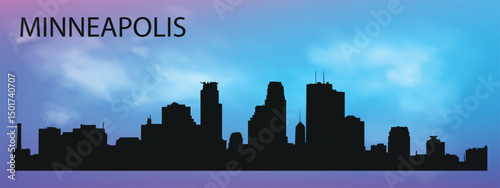 a silhouette of the Minneapolis, Minnesota skyline with a characteristic panorama of skyscrapers against a blue sky with clouds.