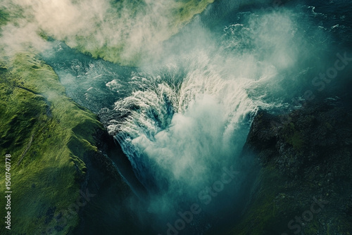 Majestic waterfall cascades down rugged cliffs into misty abyss, aerial viewpoint