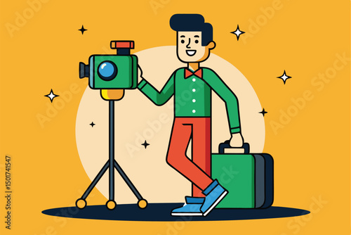 Cartoon photographer with vintage camera and suitcase ready for adventure