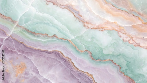 Pastel Onyx Marble Texture: Layered Mint Green and Lavender with Golden Veins Background