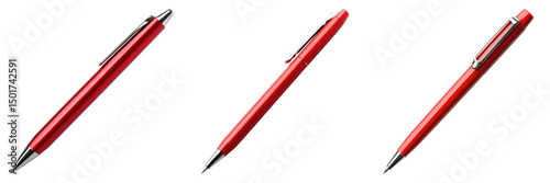 Three red pens are lined up on a white background