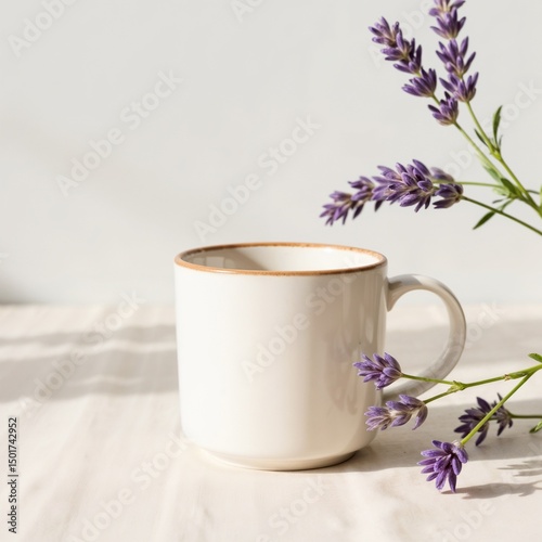 White ceramic mug with lavender flowers on a light background with copy space