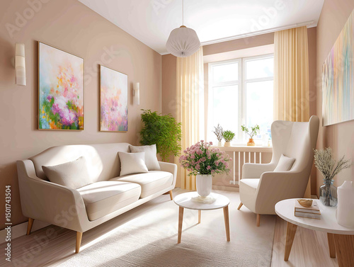 the design of a modern psychological officesubdued light warmcolored walls a couch paintings with nature on the wall