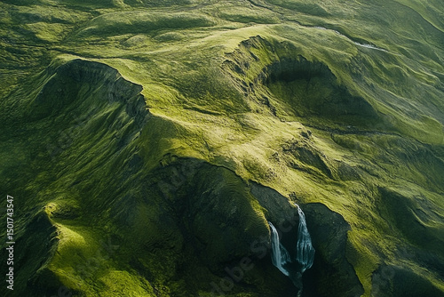 Verdant Highlands: An aerial view of a landscape with waterfalls and hills