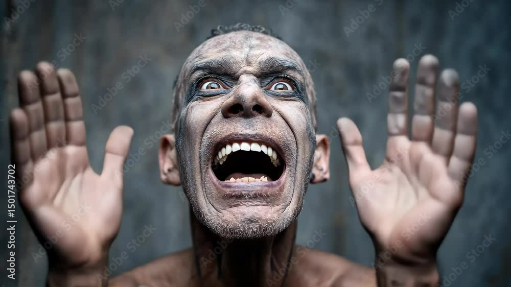 Expressive performance art with dramatic facial expressions and dynamic hand movements