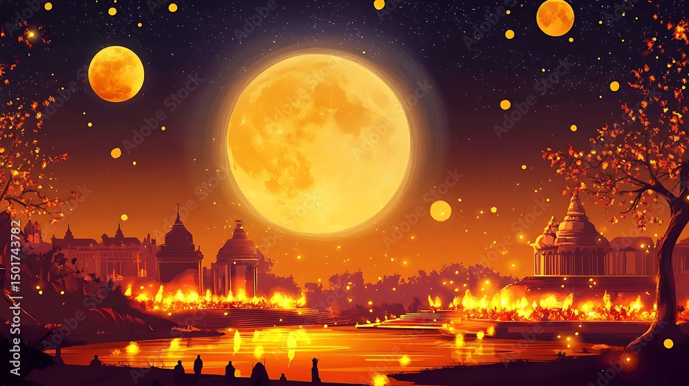 Fototapeta premium A glowing, nighttime cityscape under a large, golden moon.