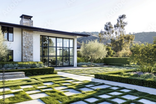 Wallpaper Mural Modern house with expansive garden showcasing clean lines and natural elements in a serene suburban setting during daylight Torontodigital.ca